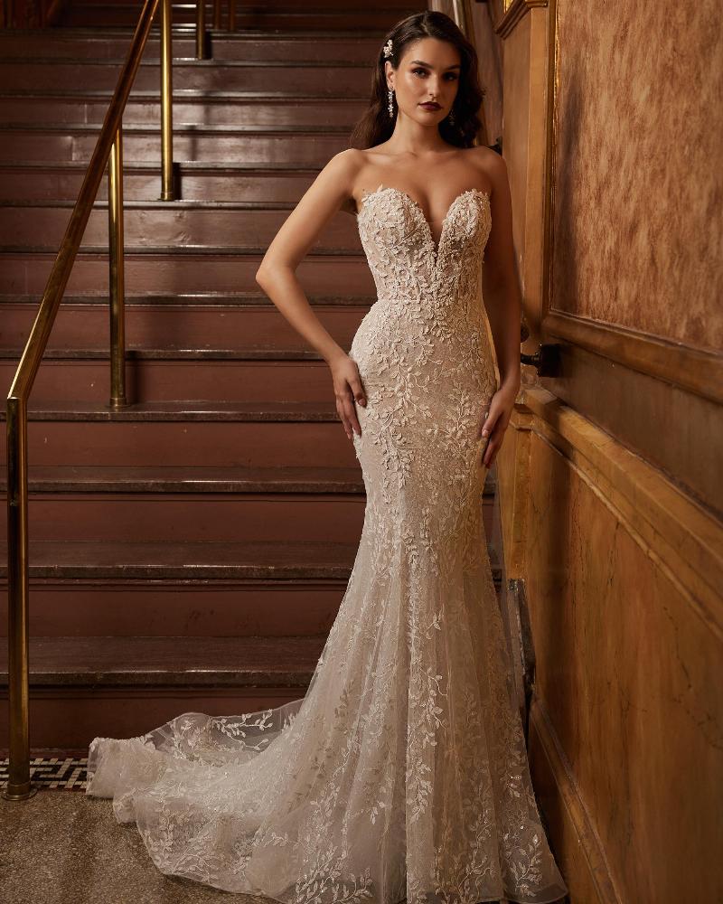 122102 strapless sheath wedding dress with lace and removable sleeves5